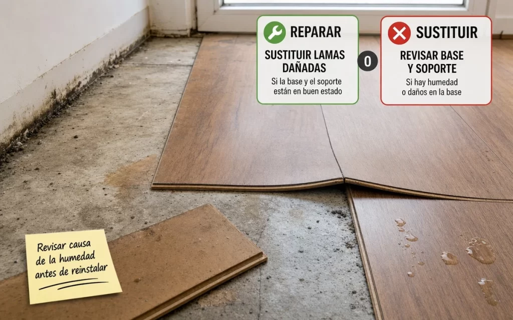 Suelo laminado hinchado por agua: cuándo puede repararse y cuándo sustituirlo